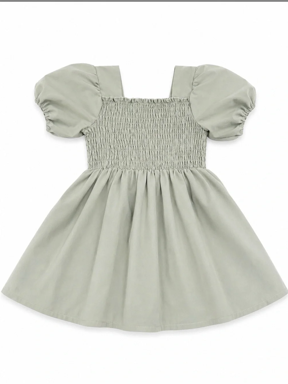Kids Puff Sleeve Green Dress with Flower Appliqués